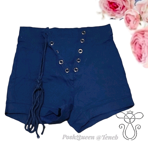 High Waisted Navy Blue Lace Up Shorts - Picture 1 of 7